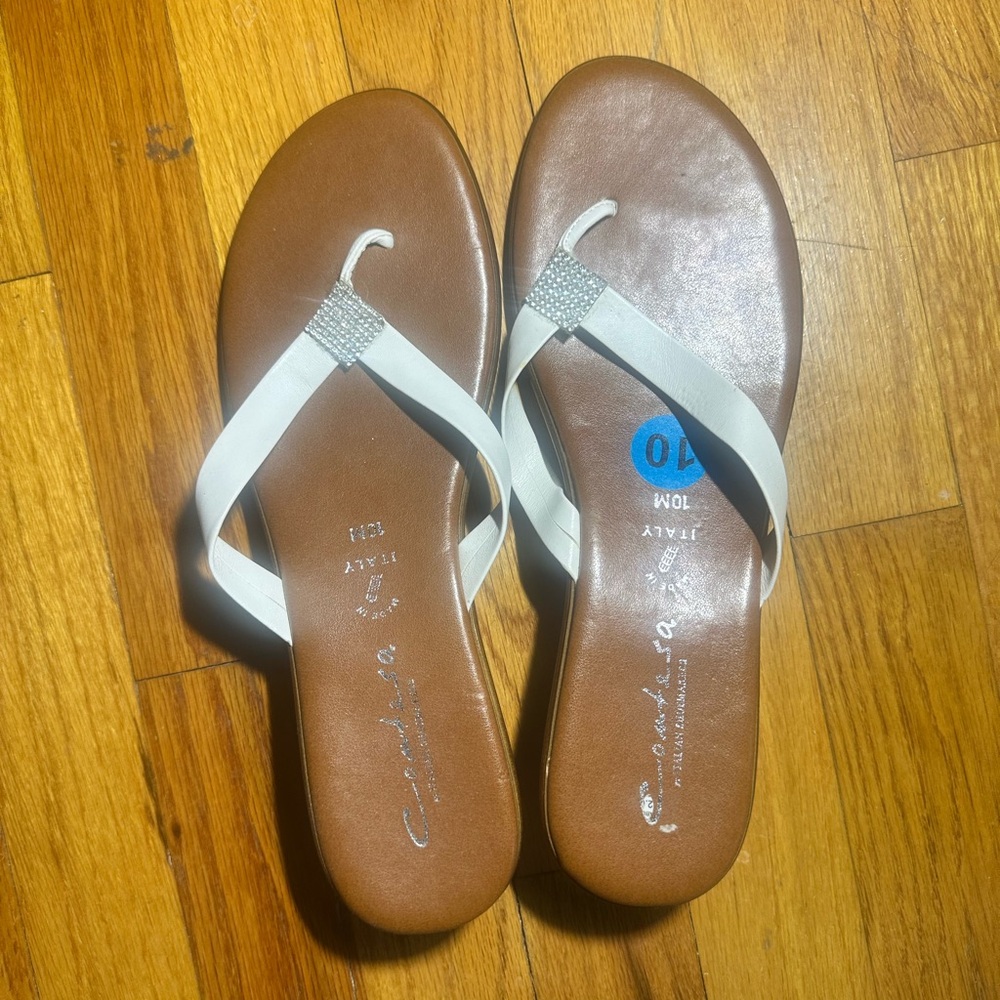 White & Brown Women's Rhinestone Thong Sandals